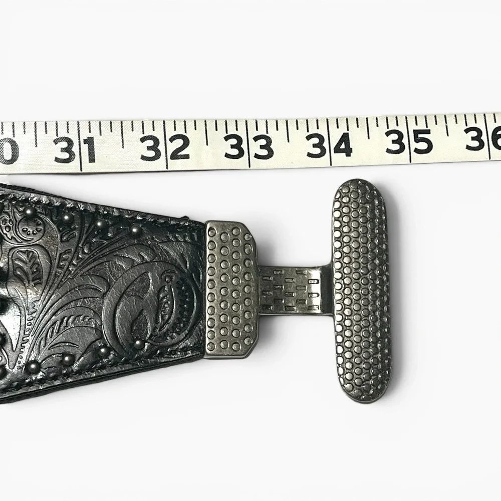 Chico's Silver Black Stretch Belt Leather Linen  Circle Buckle M / L Western